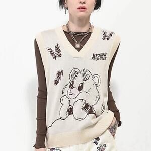 Broken Promises Cry Later Sweater Vest S Cream Devil Bear Butterfly Y2K Grunge